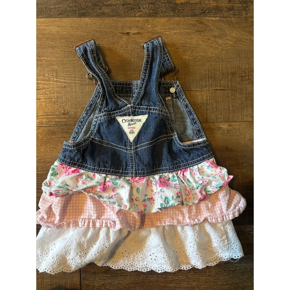 OshKosh Bgosh Girls Denim Overall Dress Floral Ruffle Skirt Vestbak